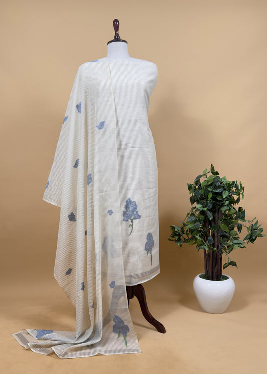 Beige With Blue Pure Cotton Linen Hand Block Print Suit Fabric With Jamdani Weaving