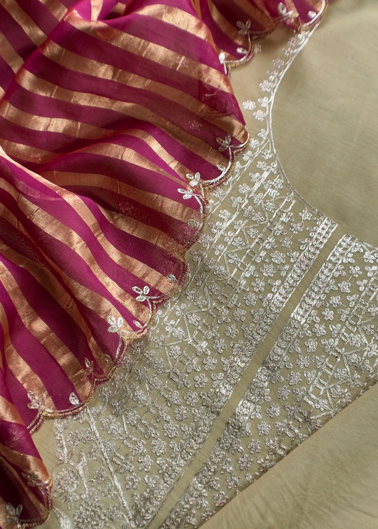 Beige Handloom Mulmul Suit With Tissue Panel Dupatta