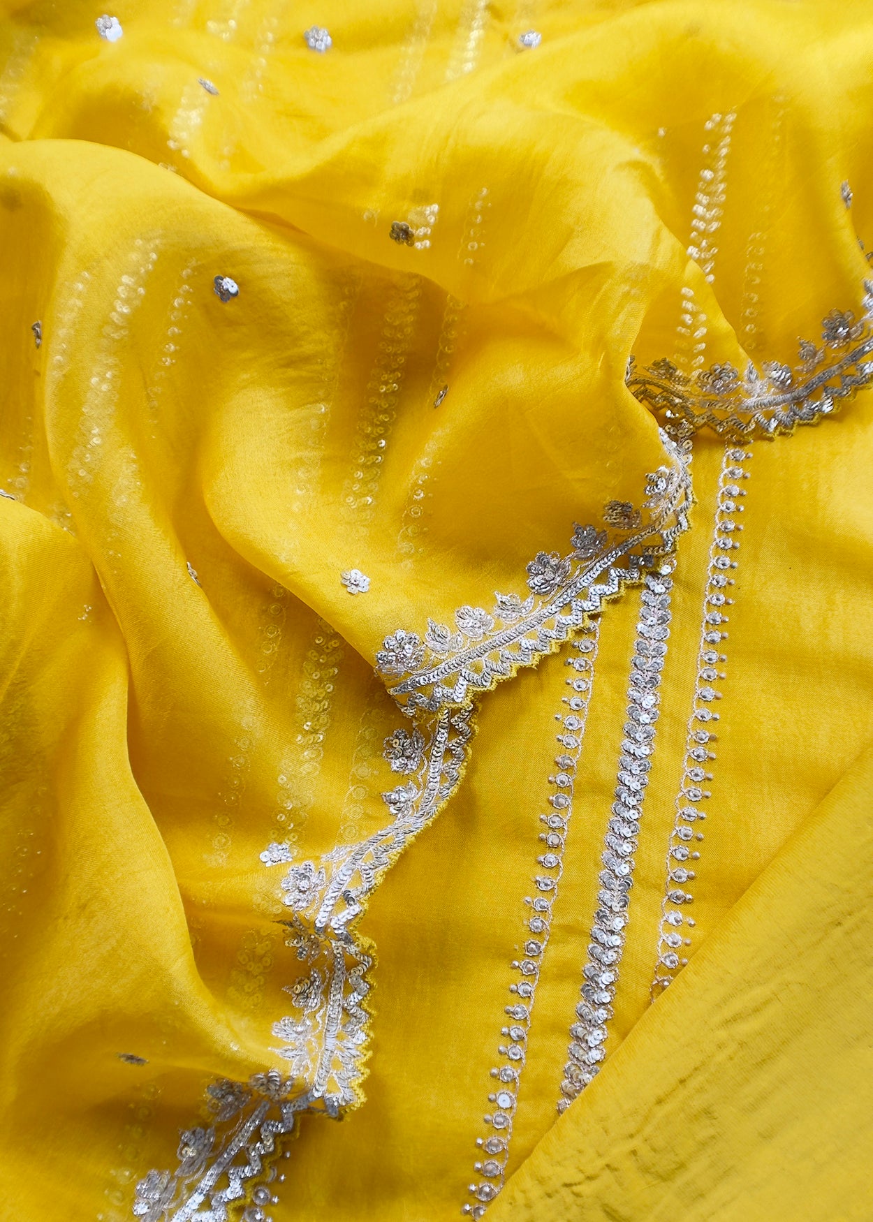 Luxe Yellow Handloom Organza Silk Unstitched Suit Fabric With Sequin Hand Work
