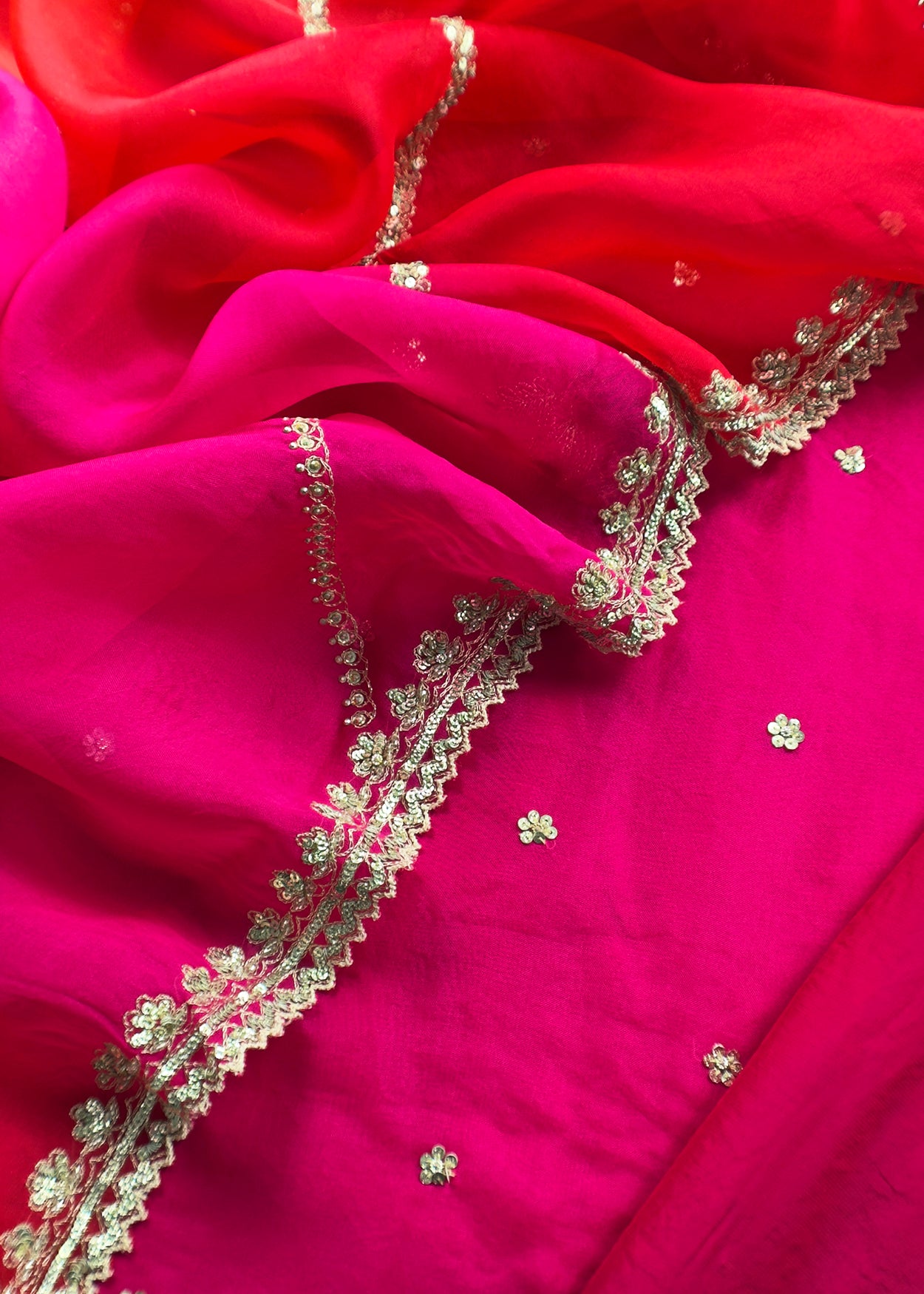 Luxe Pink Handloom Kota Silk Unstitched Suit Fabric With Sequin Hand Work And Dori Embroidery