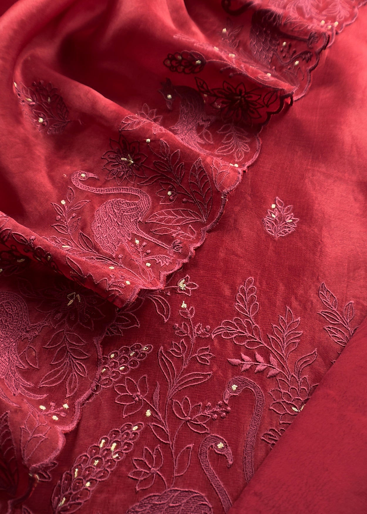 Maroon Organza Silk Suit Fabric with Parsi Flamingo Embroidery