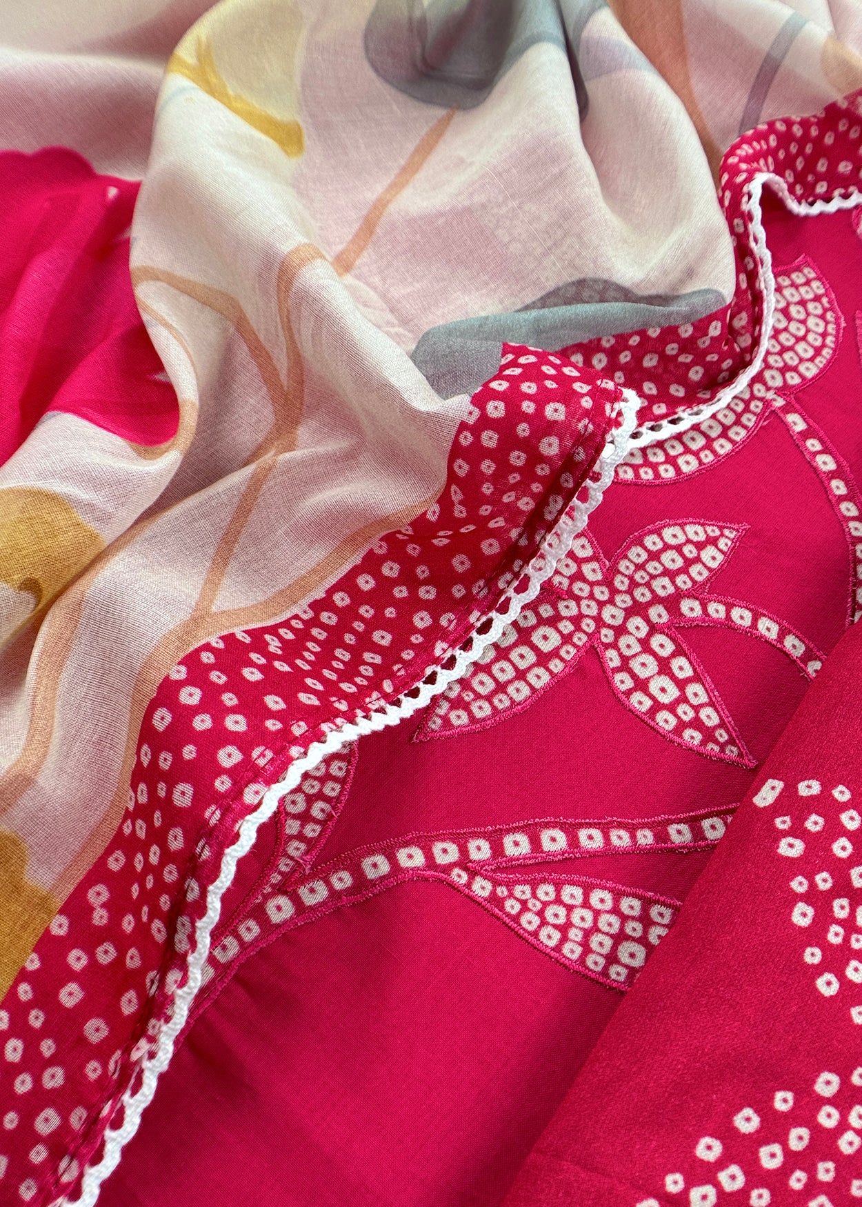 Red Pure Cotton Suit With Bandhani Floral Applique Work