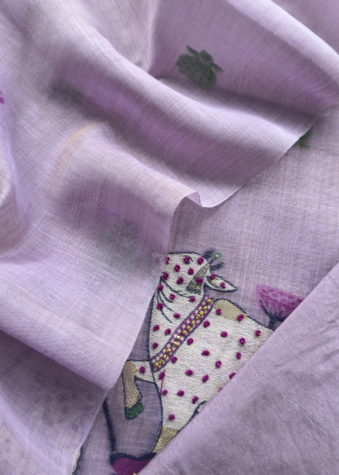 Lavender Kantha Embroidered Pichwai Suit With Jamdani Weaving