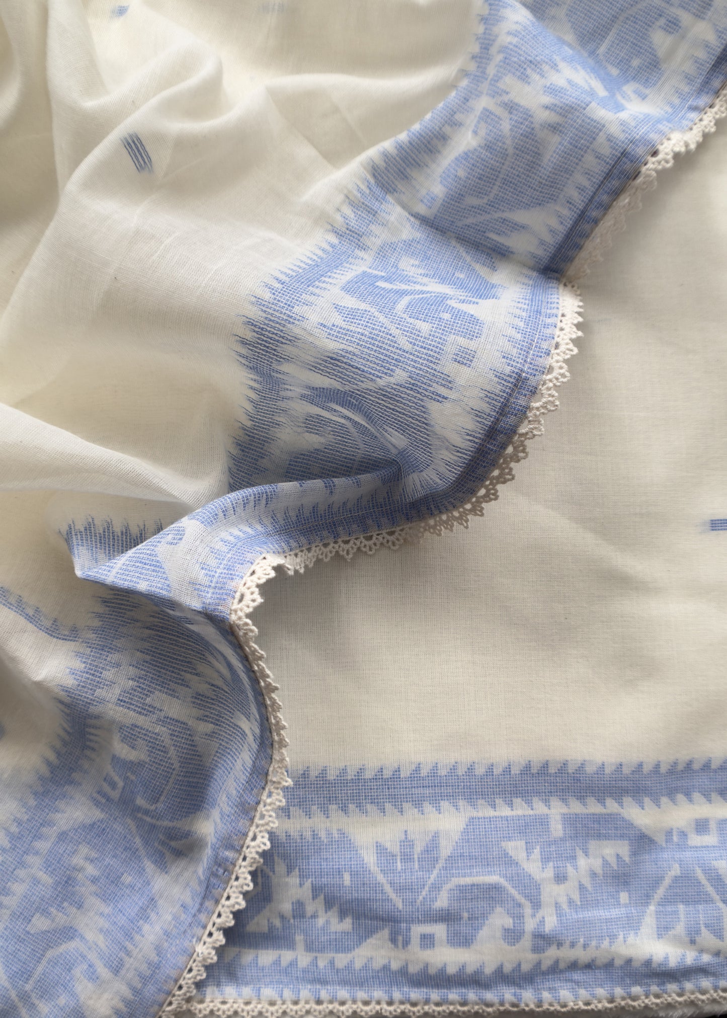 Off White With Blue Cotton Linen Suit With Jamdani Weaving