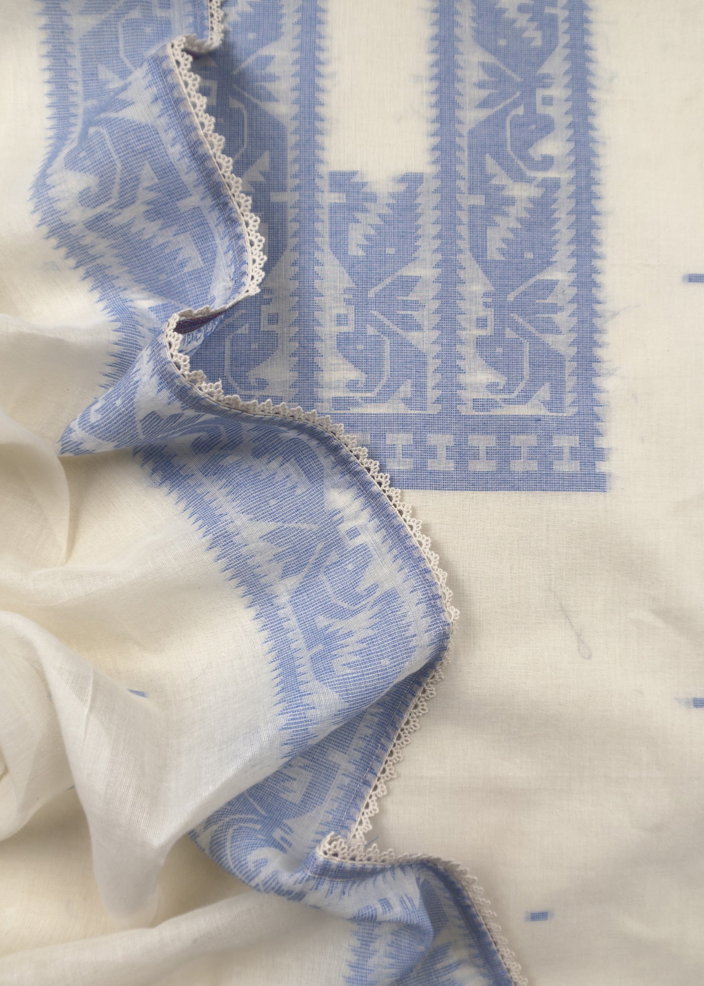 Off White With Blue Cotton Linen Suit With Jamdani Weaving