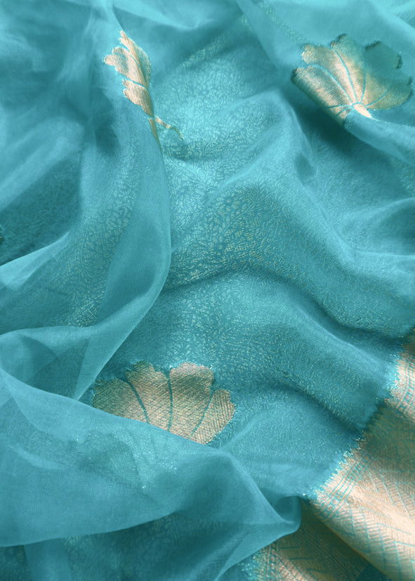 sky blue Brocade Kurta With Organza Dupatta