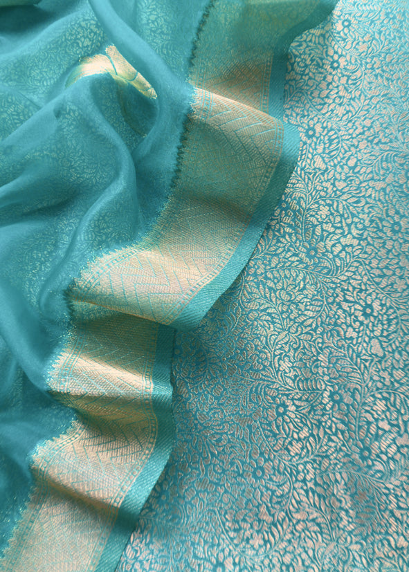 sky blue Brocade Kurta With Organza Dupatta