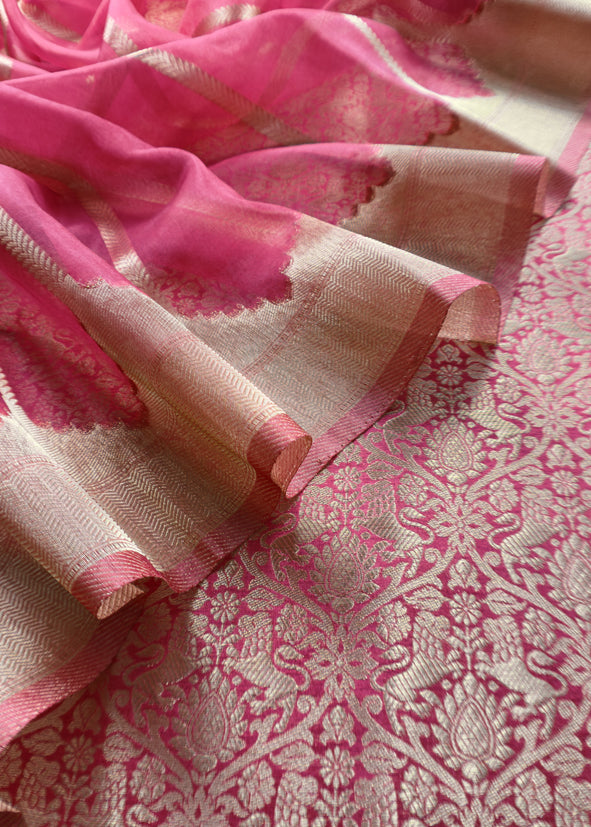 Redish Pink Brocade Kurta With Organza Dupatta