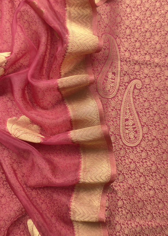Pink Brocade Kurta With Organza Dupatta