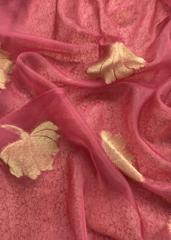 Pink Brocade Kurta With Organza Dupatta