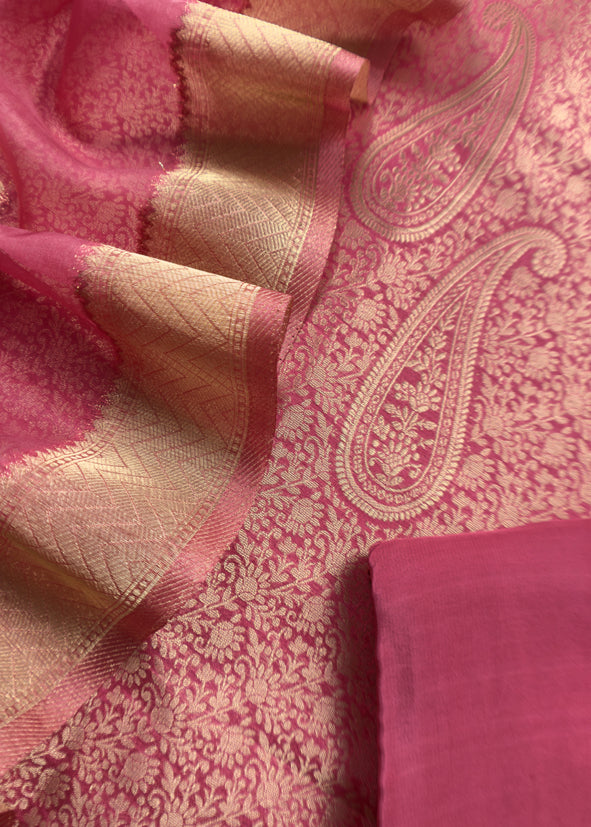 Pink Brocade Kurta With Organza Dupatta