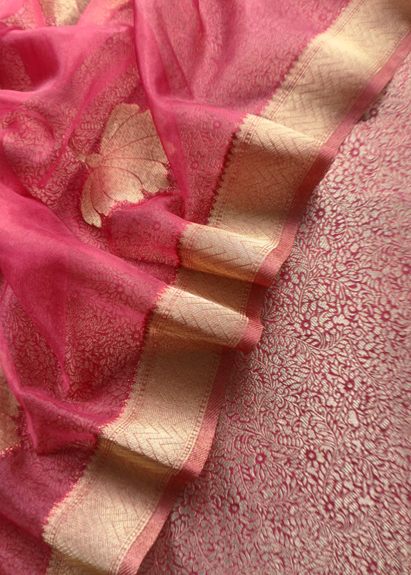 Pink Brocade Kurta With Organza Dupatta