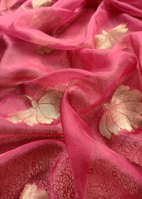 Pink Brocade Kurta With Organza Dupatta