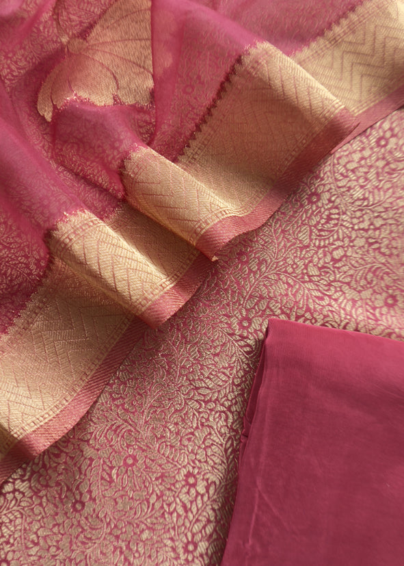 Pink Brocade Kurta With Organza Dupatta