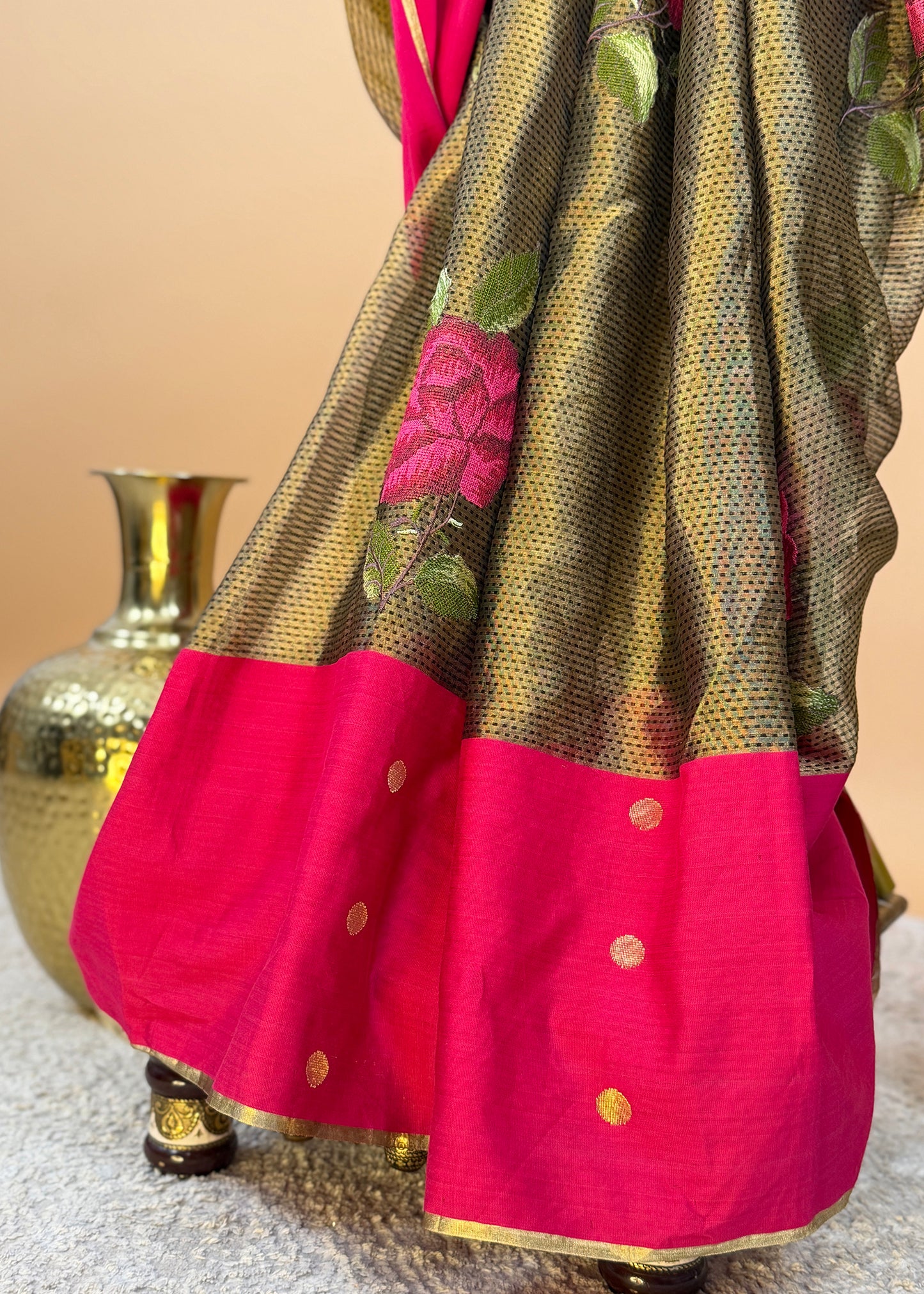 Pink Saree in Handloom Silk Adorned With Woven Polka Bootis
