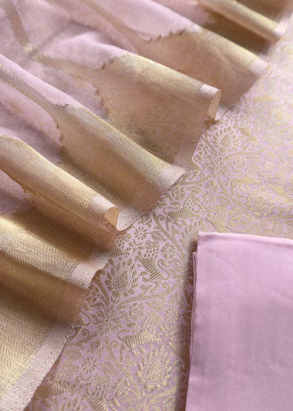 Baby Pink Banarasi Silk Brocade Suit With Organza Dupatta