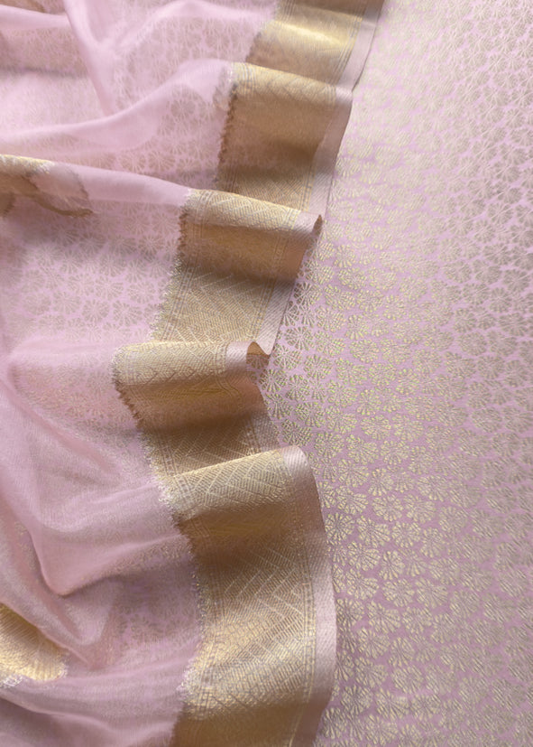 Pastel Pink Brocade Kurta With Organza Dupatta