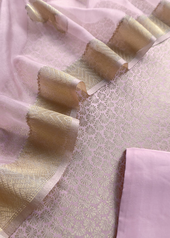 Pastel Pink Brocade Kurta With Organza Dupatta