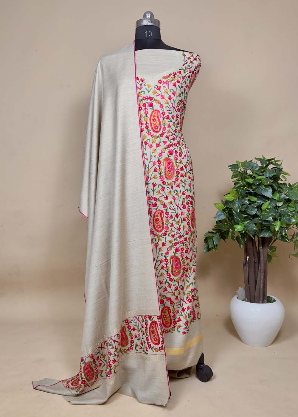 Beige Merino Wool Suit with Aari Work