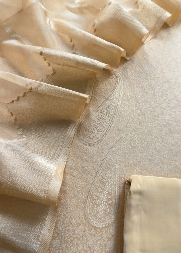 Beige Brocade Kurta With Organza Dupatta