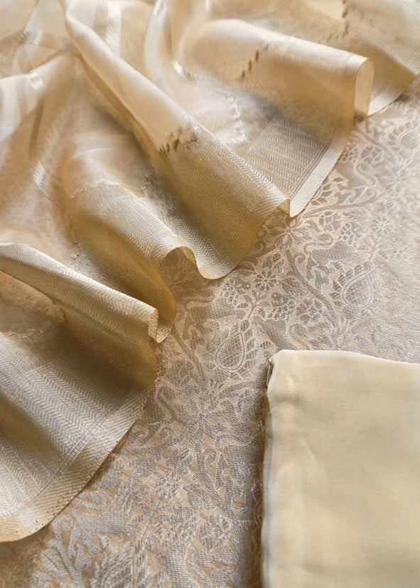 Beige Banarasi Silk Brocade Suit With Organza Dupatta