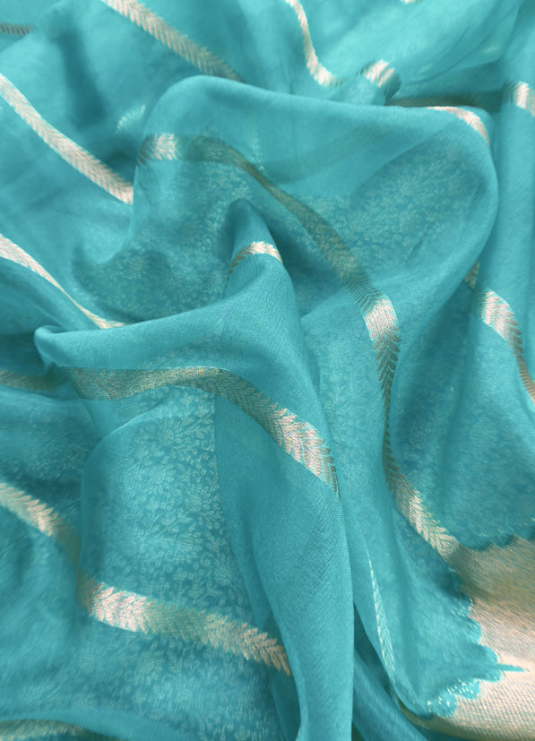 Firozi Brocade Kurta With Organza Dupatta