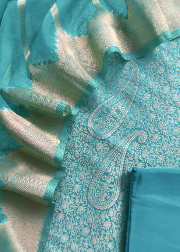 Firozi Brocade Kurta With Organza Dupatta