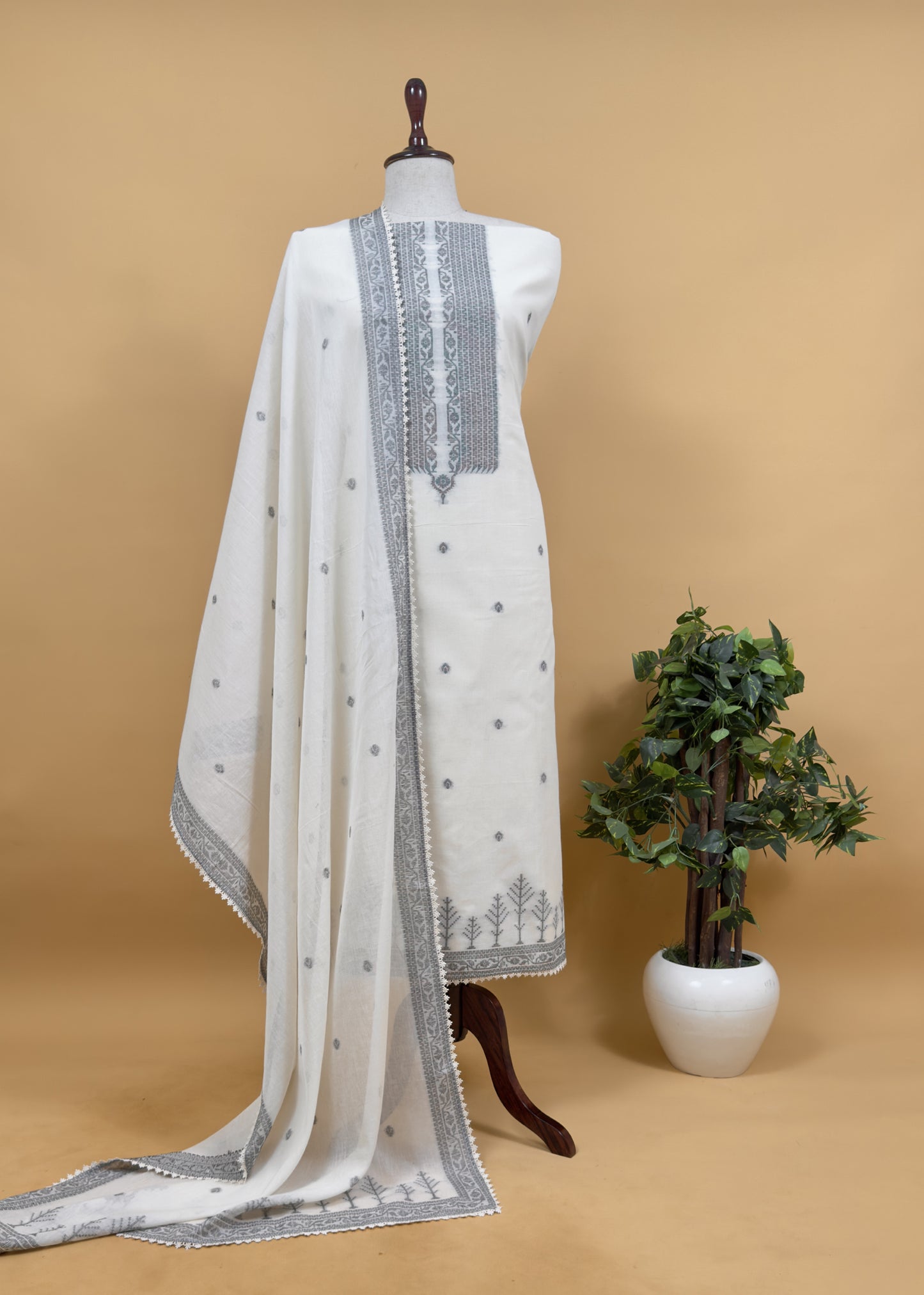 Off White With Gray Cotton Linen Suit With Jamdani Weaving