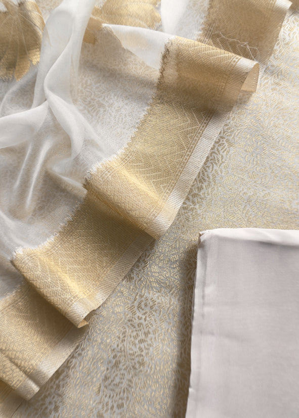 Off White Brocade Kurta With Organza Dupatta