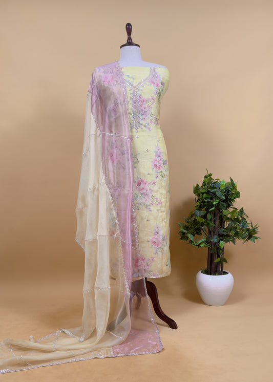 Morning Yellow Floral Pure Tissue Silk Suit With Brush Print, Sequins And Cutdana Work
