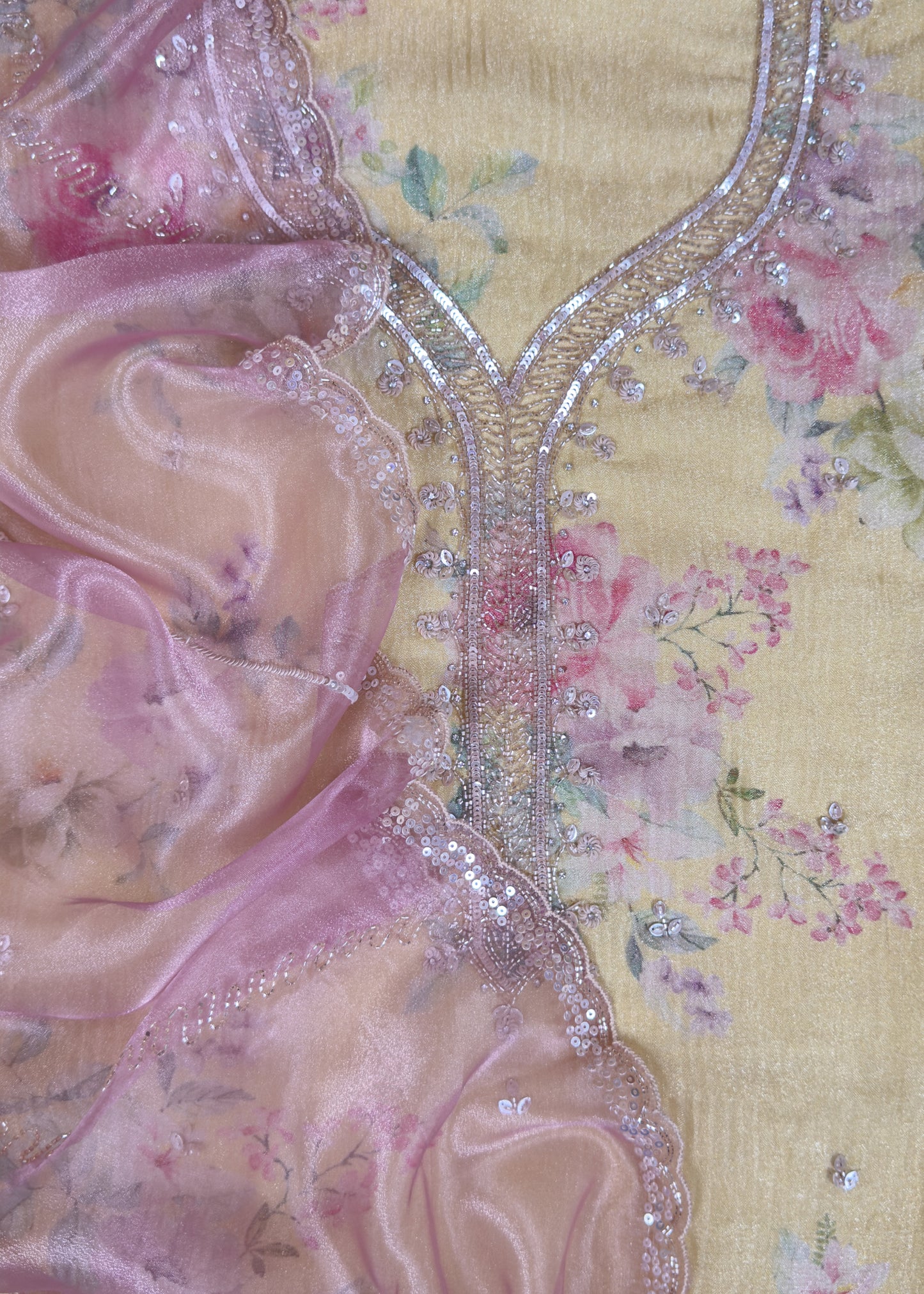 Morning Yellow Floral Pure Tissue Silk Suit With Brush Print, Sequins And Cutdana Work