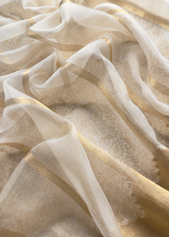 White Banarasi Silk Brocade Suit With Organza Dupatta