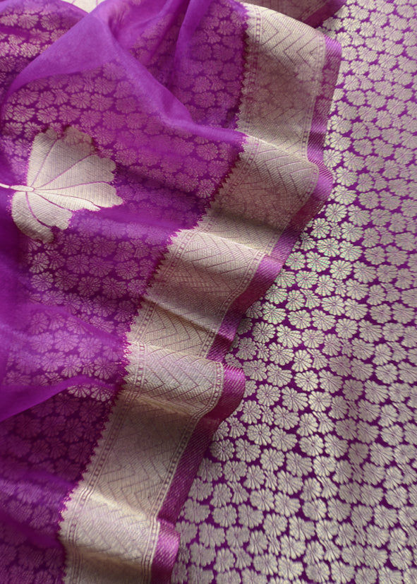 Purple Banarasi Silk Brocade Suit With Organza Dupatta