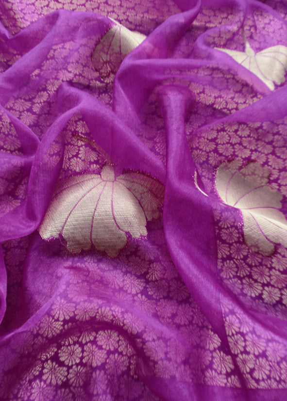 Purple Banarasi Silk Brocade Suit With Organza Dupatta