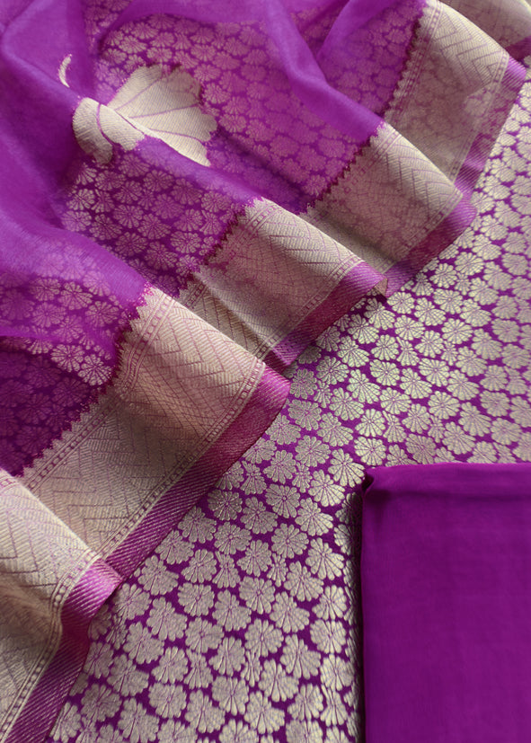 Purple Banarasi Silk Brocade Suit With Organza Dupatta