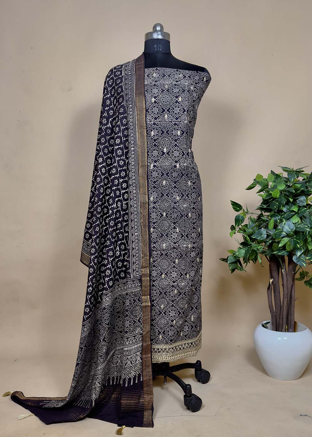 Black Ajrakh Suit Set With Zari Dori