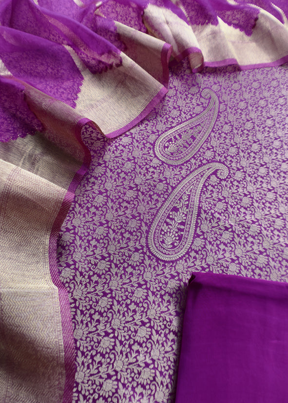 Purple Brocade Kurta With Organza Dupatta