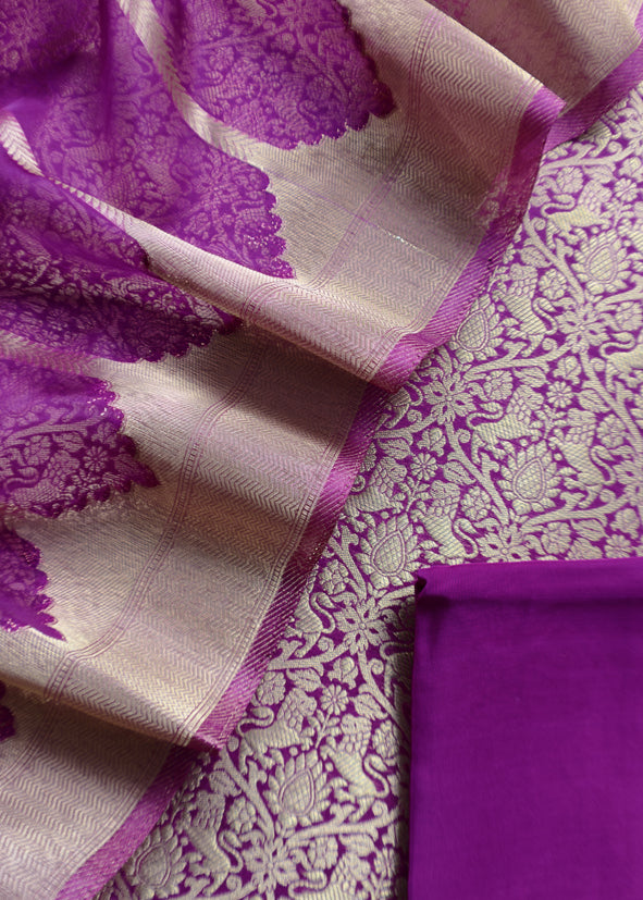 Banarasi Silk Brocade Suit With Organza Dupatta