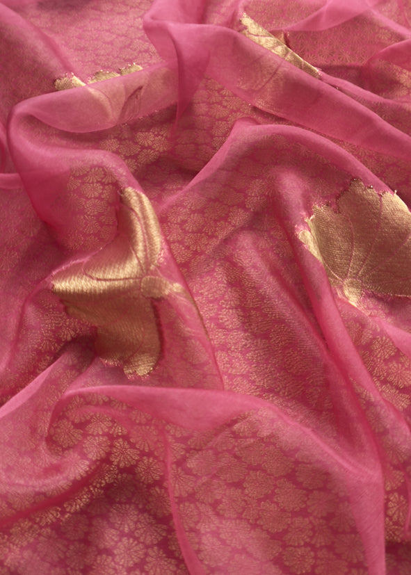 Pink Banarasi Silk Brocade Suit With Organza Dupatta