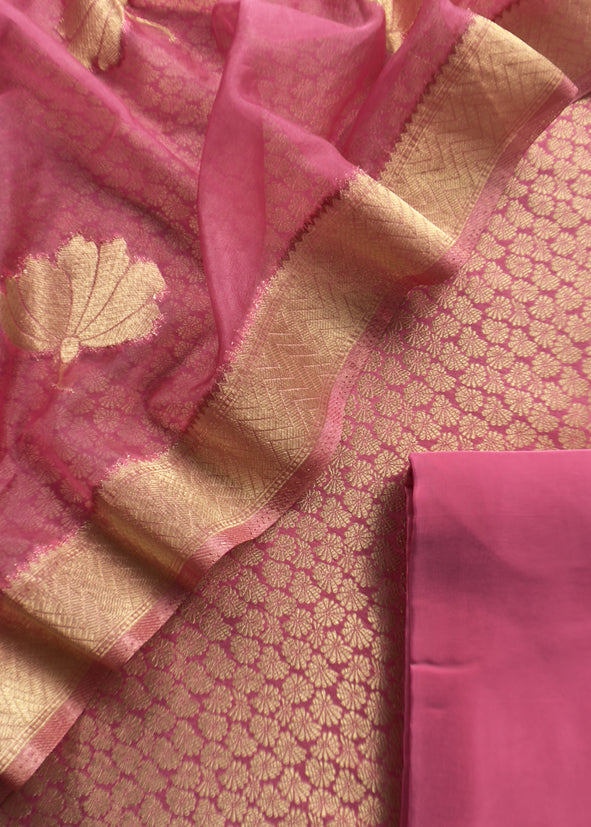 Pink Banarasi Silk Brocade Suit With Organza Dupatta