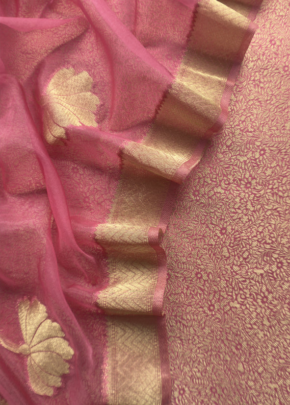 Pink Brocade Kurta With Organza Dupatta