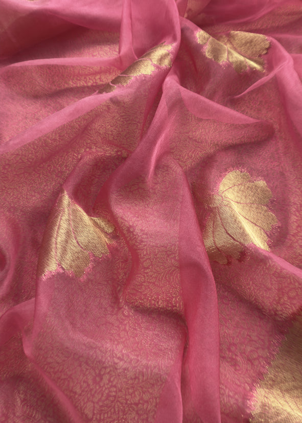 Pink Brocade Kurta With Organza Dupatta