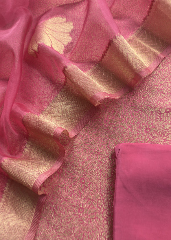 Pink Brocade Kurta With Organza Dupatta