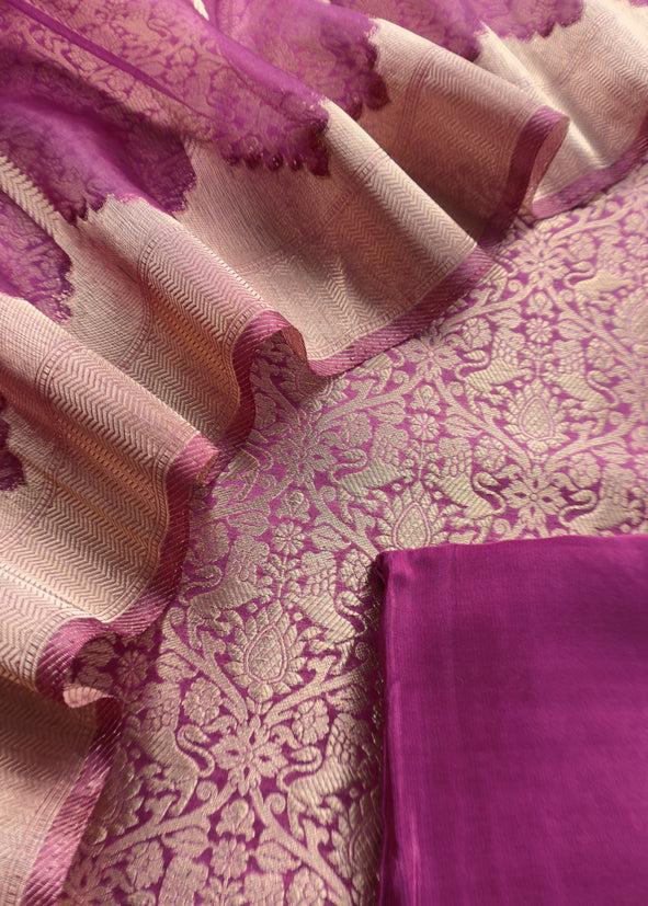 Pink Banarasi Silk Brocade Suit With Organza Dupatta