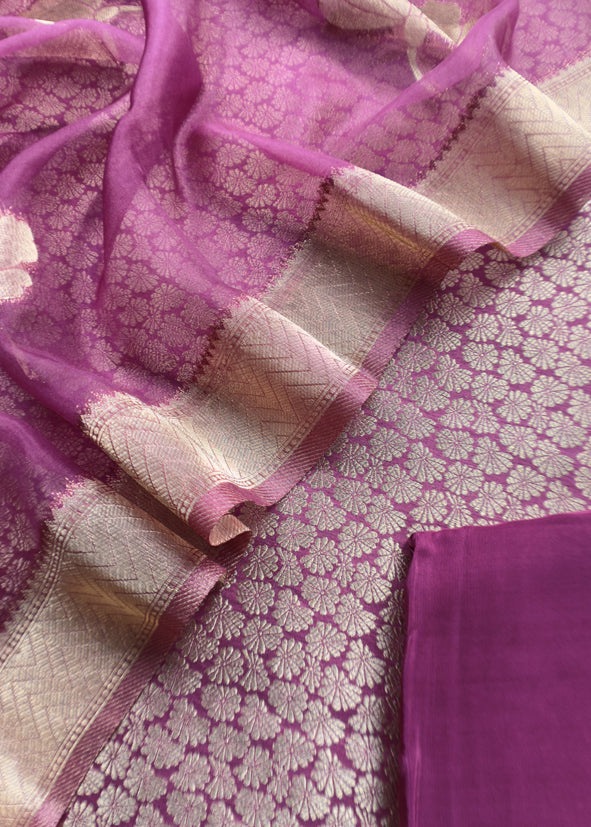 Wine Purple Banarasi Silk Brocade Suit With Organza Dupatta