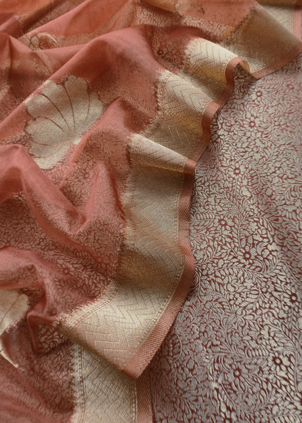 Brown Brocade Kurta With Organza Dupatta