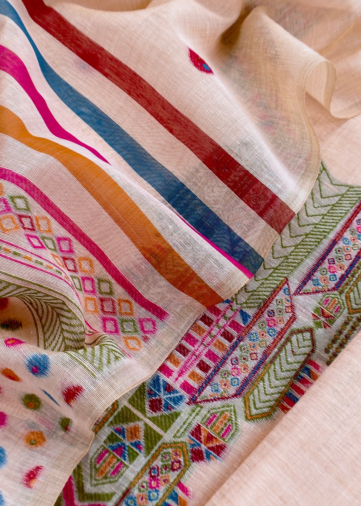 Heather Peach linen Chanderi Suit Fabric With Multicolour Jamdani Weaving