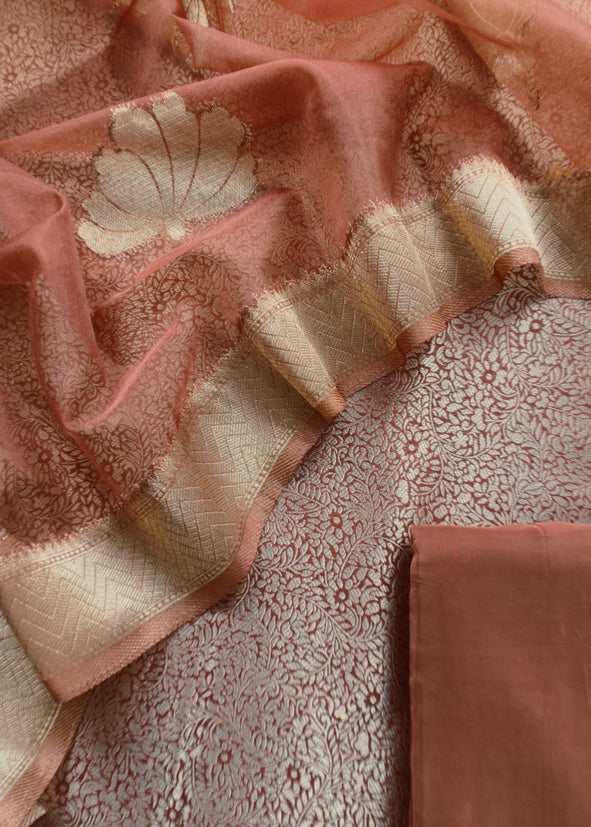 Brown Brocade Kurta With Organza Dupatta