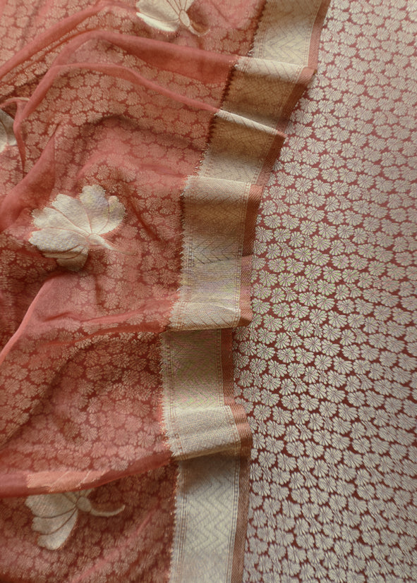 Brown Brocade Kurta With Organza Dupatta