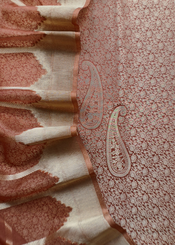 Brown Banarasi Silk Brocade Suit With Organza Dupatta